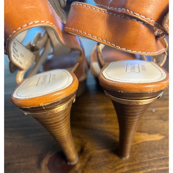 Coach Stefanie Vacchetta Camel Leather High Heeled‎ Strappy Sandal Shoes Sz 9.5B - Picture 5 of 10